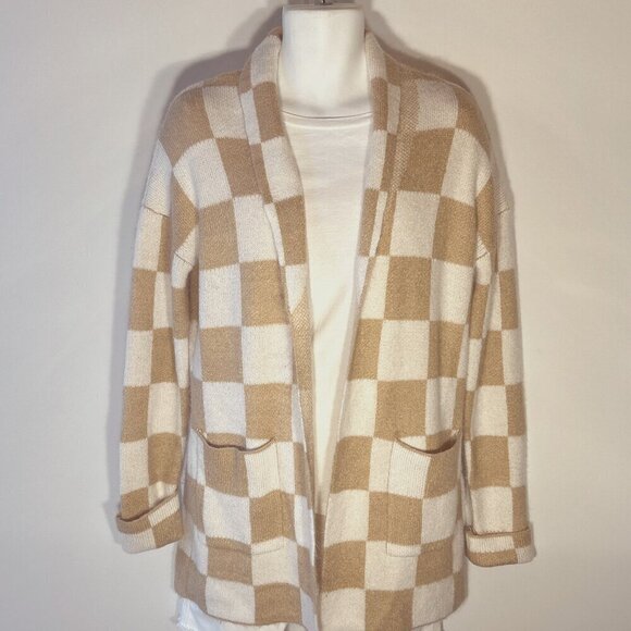 Sincerly Jules SZ M Camel & Cream Buffalo Check Open Front Long Cardigan Soft - Picture 1 of 8